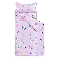 Wake In Cloud - Nap Mat with Removable Pillow for Kids Toddler Boys Girls Daycare Preschool Kindergarten Sleeping Bag, Butterfly and Flowers Printed on Purple,100% Soft Microfiber