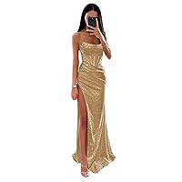 Mermaid Sequin Prom Dress for Women 2024 Long Spaghetti Strap Cowl Neck Formal Evening Party Gowns with Slit