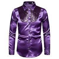 Mens Shiny Gold Silk Satin Dress Shirt Sequins Button Down Long Sleeve Shirts Men Disco Party Costume Shirt