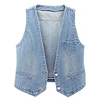 Cyparel Women's Retro Denim Vest Casual Button Up Jean Waistcoat Vest Sleeveless Jacket Tops with Pockets