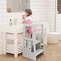Nursery Kitchen Step Stool w/ 3 Adjustable Heights Toddler Standing Tower Kids Learning Stool w/Double Safety Rails & Non-Slip Foot Pads Cooking Stool Stand Helper Bathroom Counter Footstool (Grey)