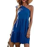 PEHMEA Women's Summer One Shoulder Ruffle Dress A Line Tiered Sleeveless Flowy Mini Sundress(Blue-S)