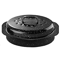 13Inch Roasting Pan, Enamel on Steel, Black Covered Oval Roaster Pan with Lid, Small Cookware for Turkey, Small Chicken, Roast Baking Pan.