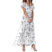 Maxi Dresses 2024, Casual Floral Womens Summer Clothes Ruffle Sleeve Wedding Guest Chiffon Short* Dress, XS, XXL