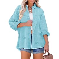 LookbookStore Womens Denim Jacket Oversized Button Down Shirts Jean Shacket Distressed Frayed Coat