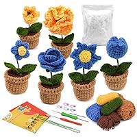 Crochet Kit for Beginners, Potted Plants Set 3 PCS or 6 PCS, Beginner Crochet Starter Kit for Complete Beginners Adults, Crocheting Knitting Kit with Step-by-Step Video Tutorials (6 Blue Flowers)