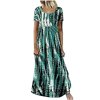 Maxi Dresses for Women Summer Casual Scoop Neck Tie-Dye Striped Short-Sleeved Loose T-Shirt Dress Loose Fit Beach Long Dress