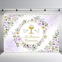 MEHOFOND 8x6ft Girls Baptism Backdrop Mexican Mi Primera Communion Christening Gold Glitter Pastel Purple Floral God Bless Banner First Holy Communion Photography Background Photobooth Baby Shower