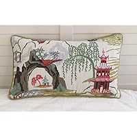 Neo Toile Pagodas in Coral Designer Lumbar Pillow Cover Chinoiserie Pillows Asian Inspired Cushion Cover Rustic Decortaive Pillowcase with Zipper Home decor 12x20