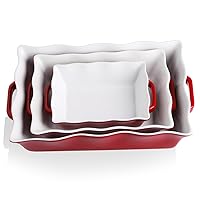 Sweejar Casserole Dishes for Oven, Ceramic Bakeware Set of 3, Rectangular Baking dish with Handles, Wave Edge Lasagna Pan Deep for Cooking, Cake, Dinner, Banquet and Daily Use (Red)