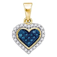 The Diamond Deal 10kt Yellow Gold Womens Round Blue Color Enhanced Diamond Cluster Small Heart Pendant 1/8 Cttw