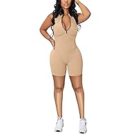 Women Sexy Rib Zip up Sleeveless Bodycon Short Pants Jumpsuit One Piece Romper Sports Jogging Suits