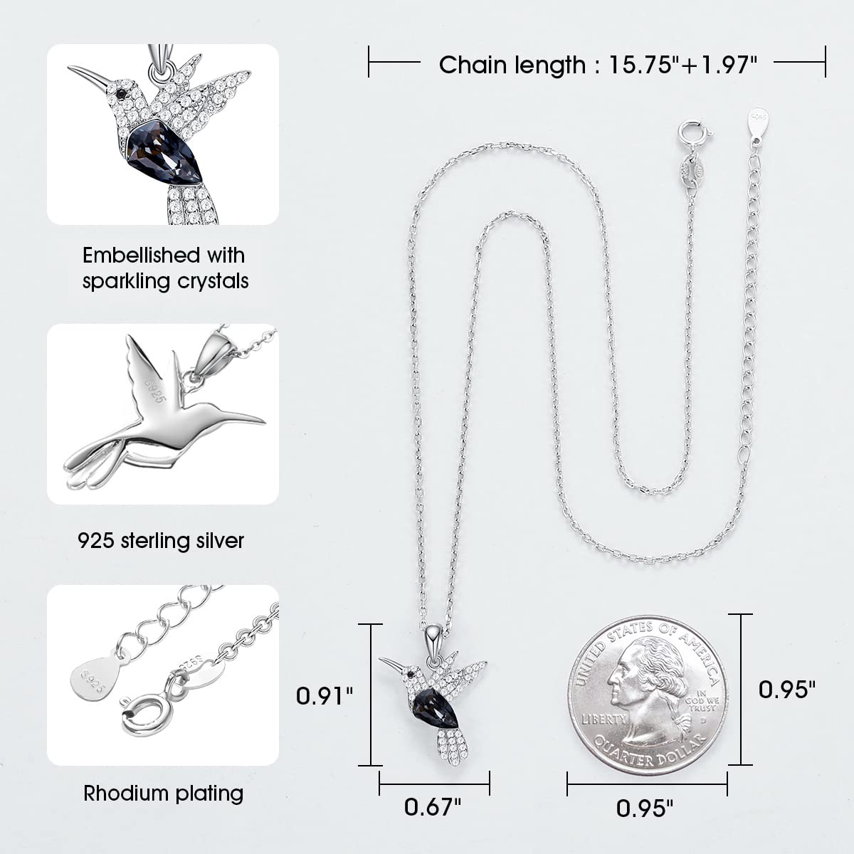 CDE Christmas Mother's Day Valentine’s Day Necklace Gifts for Women Hummingbird Necklaces S925 Sterling Silver Necklaces for Women Embellished with Crystals from Austria Birthday Jewelry Gifts for Wife Animal Necklace for Girlfriend Mom