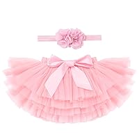 Newborn Baby Girls Tutu Skirt with Diaper Cover Flower Headband Set Tulle Bloomers for Birthday Cake Smash Photo Shoot