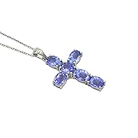 December Birthstone Natural Tanzanite 7X5 MM Oval Cut Gemstone 925 Sterling Silver Holy Cross Pendant Necklace Tanzanite Jewelry Wedding Gift For Bridal (PD-8424)