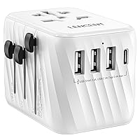 Universal Travel Power Adapter, International AC Plug Adaptor with 3 USB A Ports 1 Type C PD Wall Charger Worldwide Travel Essentials for US to EU UK Ireland Australia (Type C/G/A/I) White