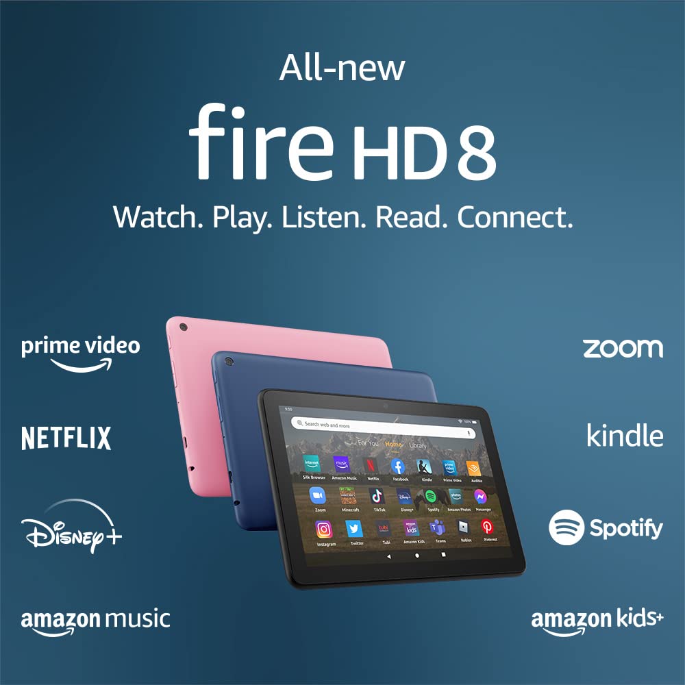 All-new Amazon Fire HD 8 tablet, 8” HD Display, 64 GB, 30% faster processor, designed for portable entertainment, (2022 release), Rose, without lockscreen ads