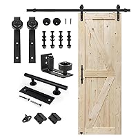 S&Z TOPHAND 32 in. x 84 in. Unfinished British Brace Knotty Barn Door with 6.6FT Sliding Door Hardware Kit/Solid Wood/Sliding Door/Double Surfaces/A Simple Assembly is Required (32, Door+J Shape)