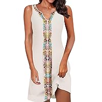 Womens Summer Dress 2024 Casual Button Down V Neck Sleeveless Fashion Boho Floral Beach Dress Sundress A-Line Dress