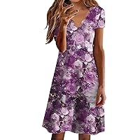 Floral Corset Dress with Sleeves,Womens Boho Floral Prints V Neck Midi Dress Short Sleeve Ladies Summer Beach S