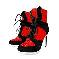 Frankie Hsu Stiletto Sport Basketball High Heeled Ankle Boots, Black Suede Classic White Sneaker Bootie, Big Size Fashion Designer Shoes For Women Men