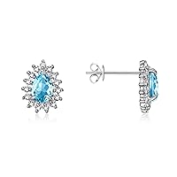 Sterling Silver Halo Stud Earrings - Pear Shape Blue Topaz & Sparkling Diamonds - 6x4mm - December Birthstone Jewelry for Women & Girls, Elegant, Fashion, Gift, Anniversary, by Rylos