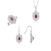 Matching Jewelry Set Sterling Silver Floral Pattern Halo Pendant Necklace, Earrings & Matching Ring. Gemstone & Diamonds, 18