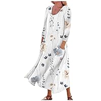 Summer Dresses for Women 2024 Cotton Linen 3/4 Sleeve Crewneck Plus Size Floral Flowy Casual Beach Dresses with Pockets