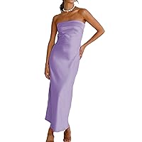 Satin Silk Backless Tube Tops Maxi Dress for Women Low Back Hollow Out Elegant Strapless Long Dresses Wedding Guest