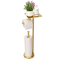 Gold Toilet Paper Holder Stand, Freestanding Toilet Paper Stand with Tray for Small Items, Toilet Paper Holder with Shelf, Storage Space for 4 Extra Toilet Paper Rolls (Gold)
