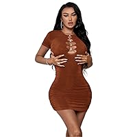 Summer Dresses for Women 2022 Neon Pink Cut-Out Ruched Bodycon Dress (Color : Rust Brown, Size : L)