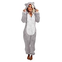 Women's Winter Warm Onesie Pajamas Fuzzy Fleece One Piece Zipper Hooded Rompers Cozy Sleepwear Cute Pjs Jumpsuits