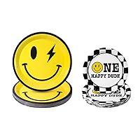 One Happy Dude Birthday Decorations Yellow Smile Face Party Plates One Happy Dude Paper Plates Disposable Party Favors for Birthday Baby Shower Wedding Bachelor Party,Serves 25