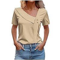 Women Tops Summer 2024 Short Sleeve V Neck Loose Shirts Solid Asymmetric Button Blouses Business Casual Tunic Top
