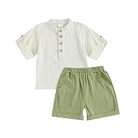 Gueuusu Toddler Baby Boy Plain Summer Clothes Short Sleeve Button Down Shirts Top Shorts Set 2Pcs Cotton Linen Shorts Outfit