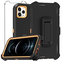 for iPhone 12 Case, iPhone 12 Pro Case,with Screen Protector Belt Clip Holster,Heavy Duty Shockproof Protective Cover Full Body Dropproof Phone Case for Apple iPhone 12/12 Pro Orange