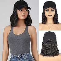 FORCUTEU Hat Wigs for Black Women Short Wavy Black Baseball Cap Wig Synthetic Adjustable Baseball Hat Wig for Daily Party(Brown Black)