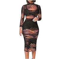 Women's Sexy 3 Piece Outfits Floral Mesh Sheer Dresses Ruched Bodycon Midi Prom Party Pencil Dress with Vest Shorts