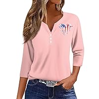 4th of July Shirts for Women Patriotic Tops V Neck Summmer T Shirt Graphic Loose Fit Tees 3/4 Sleeves Tops for Summer 2024