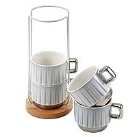 Ceramic Coffee Cup 4 Set, Stackable Coffee Mugs with Rack, 8 oz Cappuccino Coffee Cups, Stackable Mugs with Rack, Can be Applied to Coffee, Tea, Cocoa, Milk, Latte