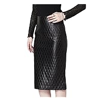 Women Quilted Black Genuine Leather Skirt Slim Split Pencil Skirt Sheepskin Lambskin Skirt