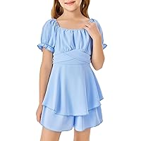 Haloumoning Girls Summer Rompers Puff Short Sleeve Square Neck Back Smocked Flowy Layered Cute Shorts Jumpsuit