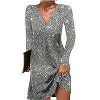 Women Dress Shiny Sequin Loose Long Sleeve Pullover Elastic Above Knee Length Party Club Mini