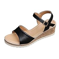 Ladies Fashion Summer Solid Color Leather Open Toe Wedge Heel Buckle Sandals One Strap Sandals for Women