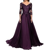 Mother of The Bride Dresses Long Evening Dress V Neck Lace Chiffon Formal Gowns with Sleeves