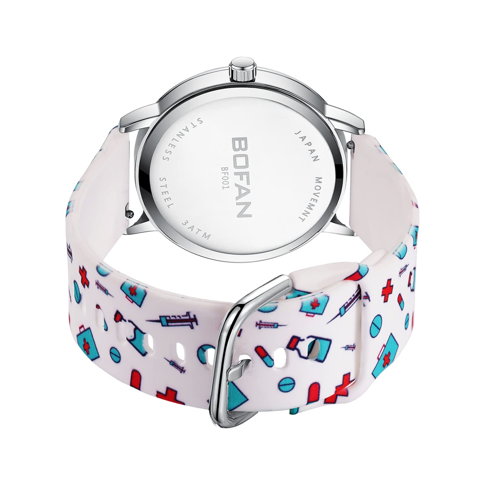 BOFAN Nurse Watch for Nurse,Medical Professionals,Students,Doctors with Various Medical Scrub Colors,Easy to Read Dial,Second Hand and 24 Hour,Soft Comfort Print Silicone Band,Water Resistant.