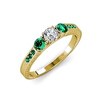 Diamond and Emerald Milgrain Work 3 Stone Ring with Side Emerald 0.83 ct tw in 14K Yellow Gold