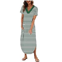 Summer Maxi Dress for Women Short Sleeve Long Dresses with Pockets Striped Rainbow Color Block Side Split Long Dress