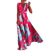 XJYIOEWT Sundresses for Women 2024 Maxi Plus Size, Women Casual Boho Print Dress Zipper V Neck Sleeveless Long Dress Ho