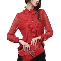 Temperament Red Lace Blouse Women Long Sleeve Hollow Out Beaded Ruffles Tops Spring Ladies Office Blouses